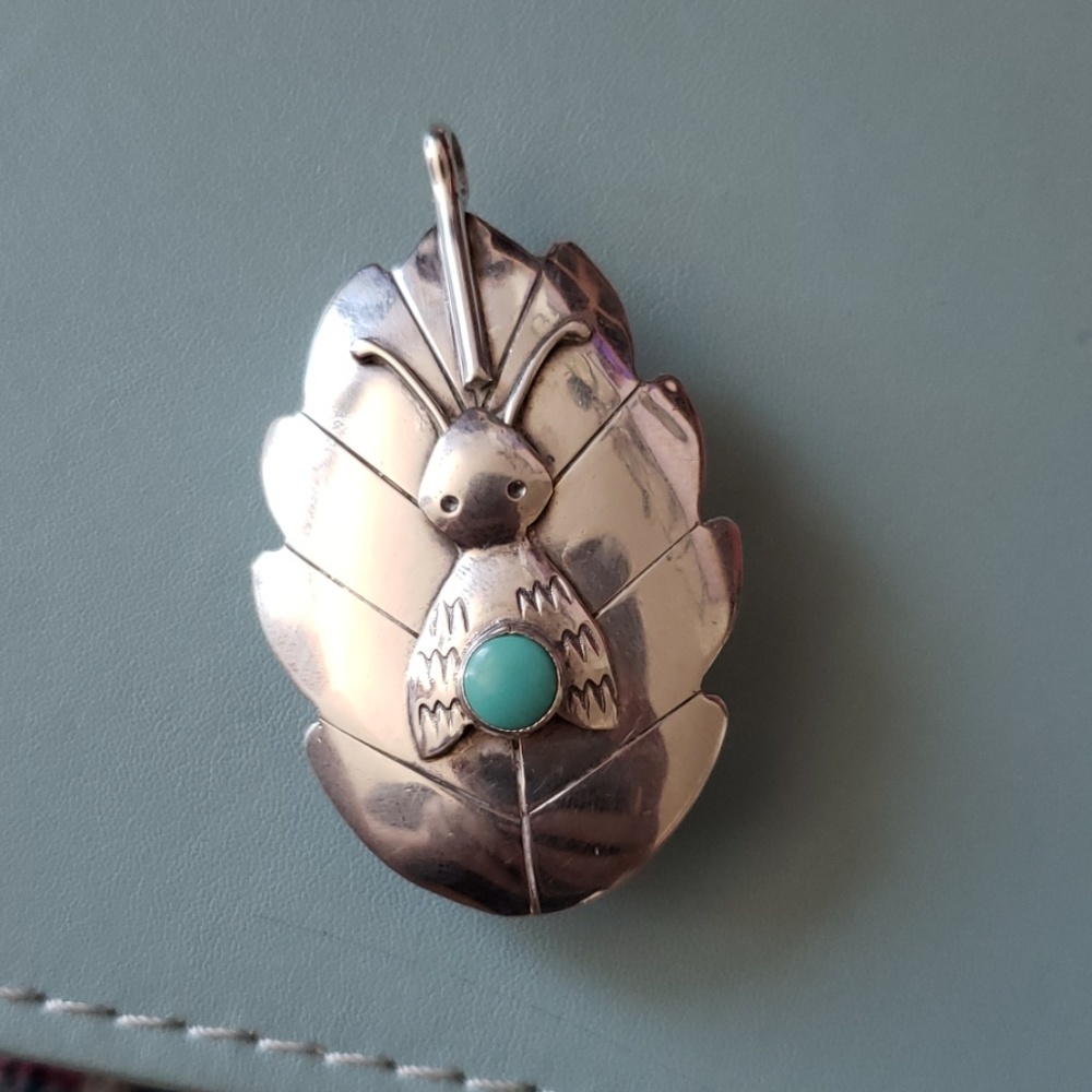 Vintage Leaf and Bug Pendant with Turquoise